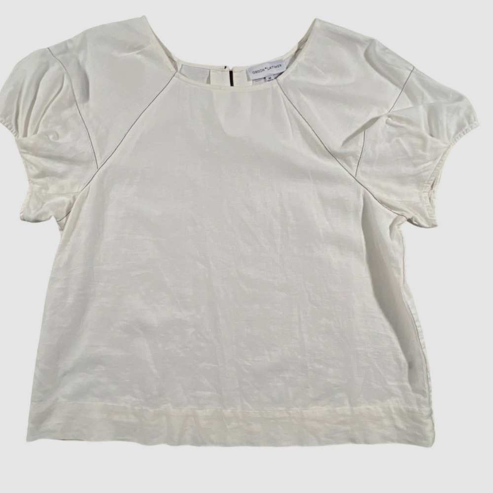 Gibson Latimer Blouse Women Size M Cream Linen Blend Puff Sleeve Contrast Stitch